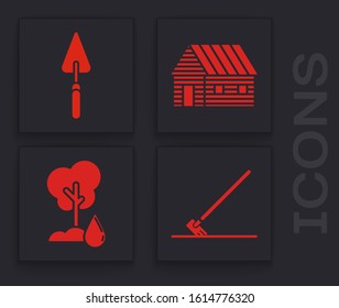 Set Garden rake in work, Garden trowel spade or shovel, Farm house and Watering Tree icon. Vector