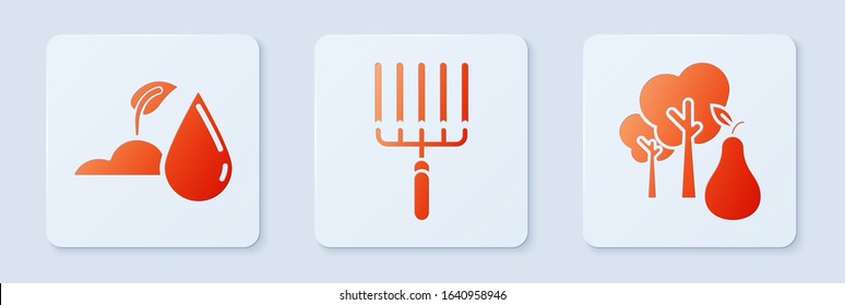 Set Garden rake in work, Watering sprout and Tree with pears. White square button. Vector