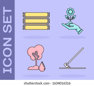 Set Garden rake in work, Wooden box, Watering Tree and Hand holding flower icon. Vector