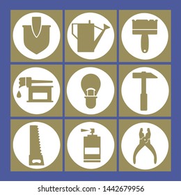 Set of garden and repairs tools icons. Includes symbols such as hammer, saw, brush, garden watering can, shovel, pliers. Can be used for web, mobile, UI and infographic design.