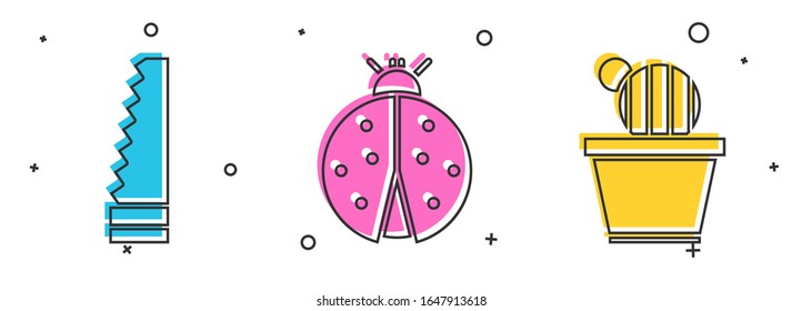 Set Garden Säge, Ladybug und Kaktus und sukkulent in Topf Symbol. Vektorillustration