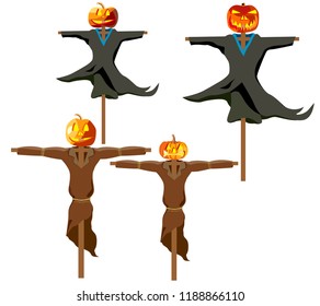 set of garden scarecrows with pumpkin head for Halloween, vector image on white background
