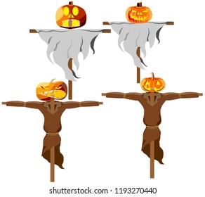 set of garden scarecrows with pumpkin head for Halloween, vector image on white background