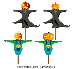 set of garden scarecrows with pumpkin head for Halloween, vector image on white background