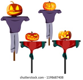 set of garden scarecrows with pumpkin head for Halloween, vector image on white background