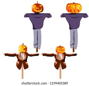 set of garden scarecrows with pumpkin head for Halloween, vector image on white background