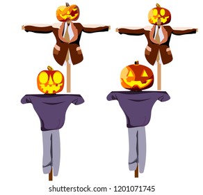 set of garden scarecrows with pumpkin head for Halloween, vector image on white background