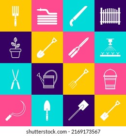 Set Garden shovel, Bucket, Automatic irrigation sprinklers, saw, Flowers pot, fork and Gardening handmade scissor icon. Vector