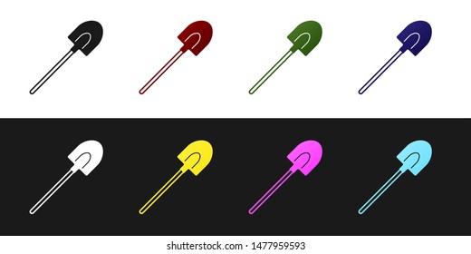 Set Garden shovel icon isolated on black and white background. Gardening tool. Tool for horticulture, agriculture, farming.  Vector Illustration