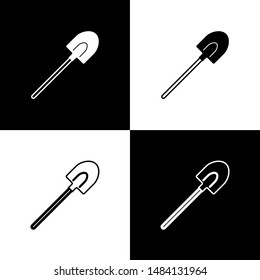 Set Garden shovel icon isolated on black and white background. Gardening tool. Tool for horticulture, agriculture, farming.  Vector Illustration