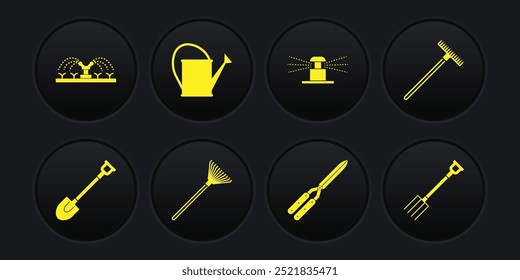 Set Pá de jardim, rake, para folhas, Jardinagem de tesoura artesanal, irrigação automática aspersores, regador, forquilha e ícone. Vetor