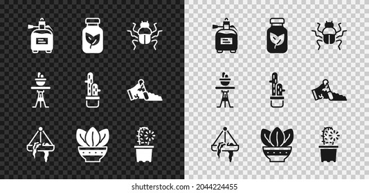 Set Garden sprayer for fertilizer, Fertilizer bottle, Beetle bug, Plant in hanging pot, Cactus peyote, on table and  icon. Vector