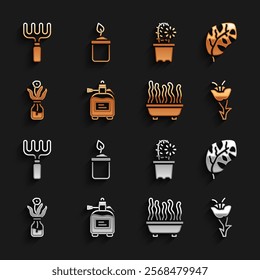 Set Garden sprayer for fertilizer, Tropical leaves, Flower, Plant in pot, glass bottle, Cactus peyote, rake and Sprout icon. Vector