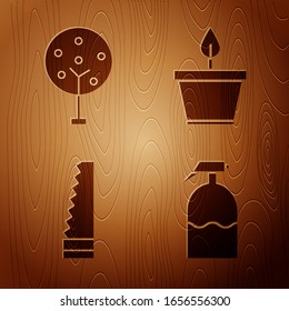 Set Garden sprayer, Tree, Garden saw and Plant in pot on wooden background. Vector