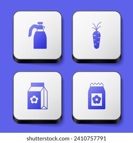 Set Garden sprayer for water, Carrot, Pack full of seeds and  icon. White square button. Vector
