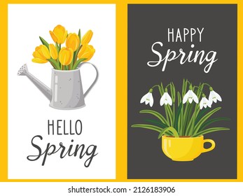 Set of garden spring cartoon cards in bright colors. Vector illustration