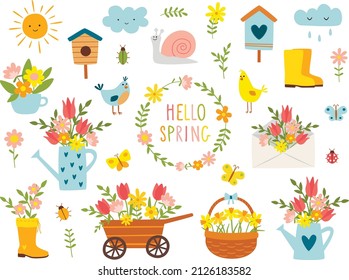 Set of garden spring cartoon design elements. Vector illustration.