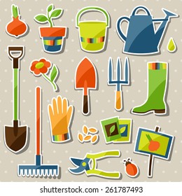 Set of garden sticker design elements and icons.