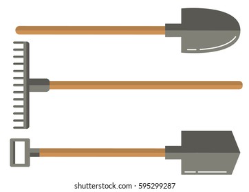 The set of garden stock for processing of the earth for farmers and gardeners. Consisting of shovels with the wooden handle.and a rake.Agriculture tool.In flat style vector.
