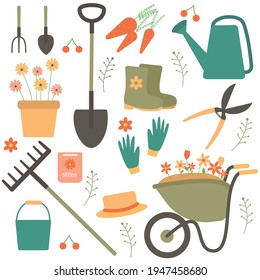 A set of garden supplies. Beautiful garden tools on a white background. Vector illustration in flat cartoon style.