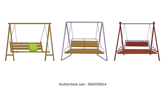 Set of garden swing benchs. Classic outdoor garden wooden hanging furniture. Wooden porch swings hanging on frame with ropes and chains. Patio elements for relax