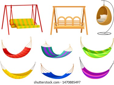 Set of garden swings and hammocks. Vector illustration on white background.