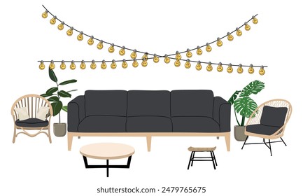 Set of garden, terraces, outdoor furniture. Modern cozy eco-style home interior with greenery, sofa, table, light garland and chairs. Colorful flat vector illustration isolated on white background.