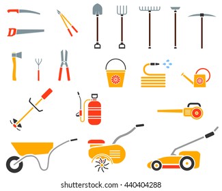 Set of garden tool. Garden tool icon. Gardening equipment. Agriculture tools. Vector illustration.