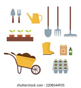 Set of garden tool vector for work on farm isolated on white background. Rake, wheelbarrow, shovel, pitchfork, rake, pruner, watering can, plant in pot. 