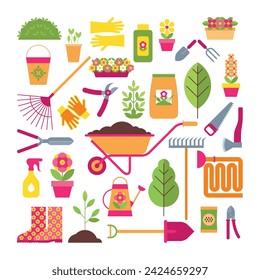 Set of garden tools and accessories for plants care. Gardening background with instruments and flowers. Composition of icons, objects, design elements. Postcard, poster, pattern
