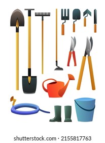 Set of garden tools. Agricultural rural work. Shovels rakes and hoes. Isolated on white background. Watering can for watering for watering. Vector.