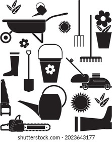 A set of garden tools. Black silhouette on a white background. The symbol of country life, farming.