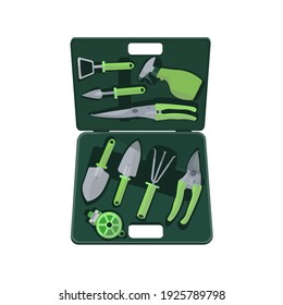 A set of garden tools in a box: pruner, garden shears, wire, shovels, and cultivator. Simple outline vector graphics.