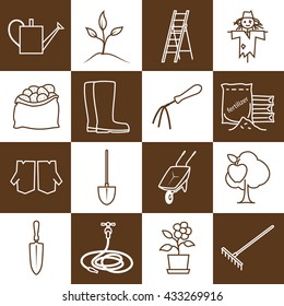 Set of Garden Tools, Brown Line Icons Gardening Equipment ,  Agricultural Tool , Vector Illustration