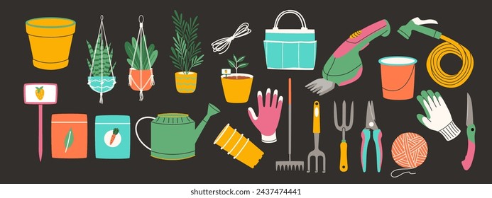 Set of garden tools. Bucket, flower pots, rake, gloves, watering can, pruner and more. Hand drawn vector illustration.