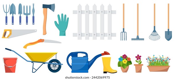 Set of garden tools. bucket, wheelbarrow, shovel, pitchfork, rake, ax, saw, watering can flower in pot grass isolated on white