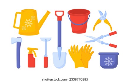 Set of garden tools. Buckets and shovel, rubber gloves and secateurs, watering can. Farming and agriculture. Template, layout and mock up. Cartoon flat vector collection isolated on white background