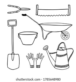Set of garden tools. Garden cart, secateurs, gloves, hand saw, bowl, watering can, shovel. Outlines isolated vector elements for design. 