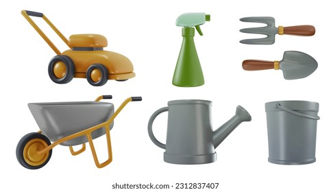 Set garden tools. Collection farm equipment. Shovel, watering can, bucket, rake, sprayer, wheelbarrow, lawnmower. Design elements in 3d realistic style. Modern minimal vector illustration, icon.