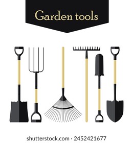 Set garden tools. Colored icons of garden tools. Shovels, rakes and a ripper. Vector illustration for design and web.