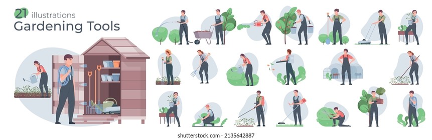 Set with garden tools compositions with flat characters of people performing gardening works with trees bushes vector illustration