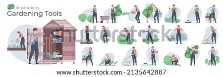 Set with garden tools compositions with flat characters of people performing gardening works with trees bushes vector illustration