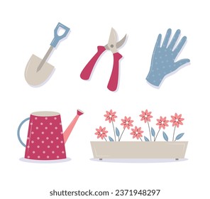 Conjunto de herramientas de jardín. Viñeta con lata de agua roja y flores en trío. Botánica y floristería, cuidado de la naturaleza y la ecología. Colección vectorial plana de dibujos animados aislada en fondo blanco