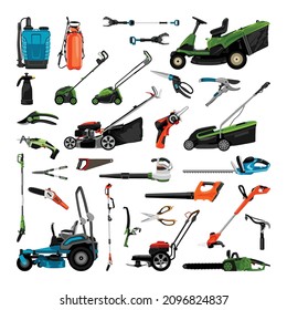 A set of garden tools in a detailed realistic style. Modern illustrations.