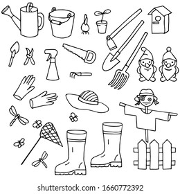Set of garden tools in doodle style, isolated on a white background. Hand drawn vector illustration. Various equipment and facilities for gardening and agriculture. 