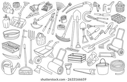 set of garden tools in the doodle style. variety of garden and vegetable garden care items. Gardening tools. product for agricultural crops. Suitable for ecology, garden, household, packaging design