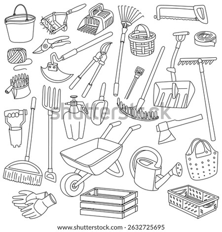 set of garden tools in doodle style. Saw, rake, bucket, wheelbarrow, . Gardening equipment. Seasonal work. product for agricultural crops. Suitable for ecology, garden, cleaning, household, packaging