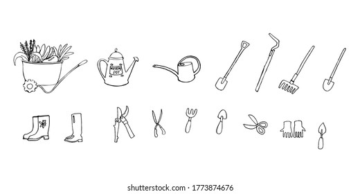 set garden tools doodle vector elements . Hand drawn shovel, fork, rake, watering can, pruner, gloves, scissors, rubber boots, wheelbarrow isolated on white
