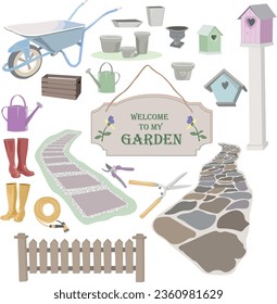 set of garden tools and equipment elements