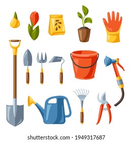 Set of garden tools and equipment. Gardening illustration.
